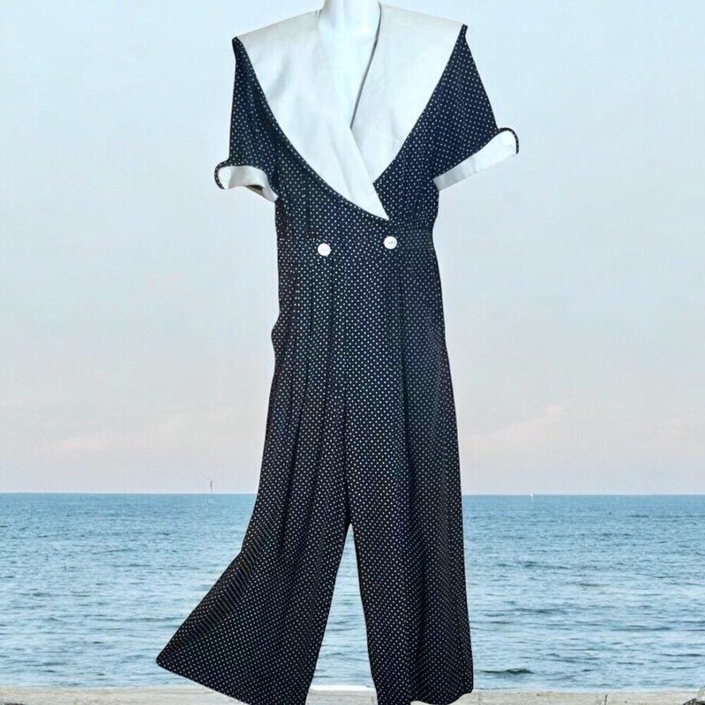 Vintage 90s Jessica Howard Romper Navy Blue White Polka Dot Nautical Size 14
